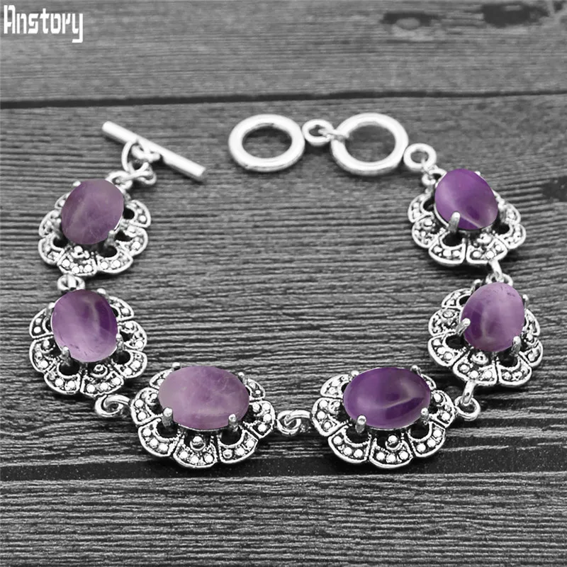 Vintage Fashion Look - Oval Amethysts Bracelet Plum Flower Design