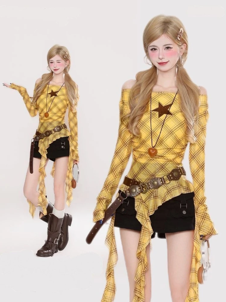 Y2K Plaid Slash Neck Vintage T - Vintage Fashion Aesthetic 评论和价格