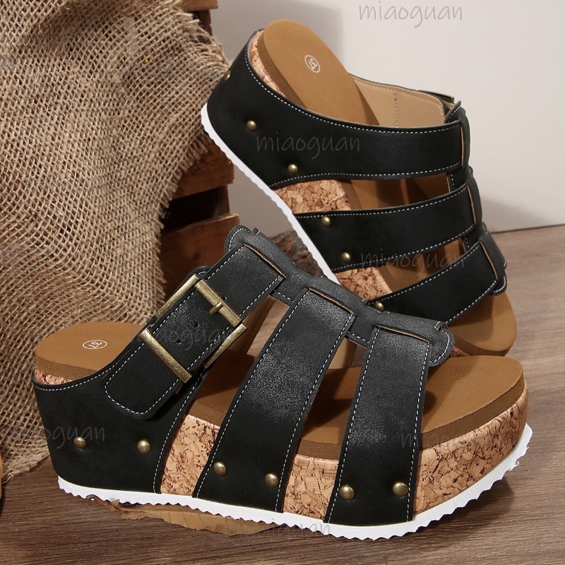 Vintage Buckle Strap Wedge Sli - Vintage Outdoor Fashion 评论和价格