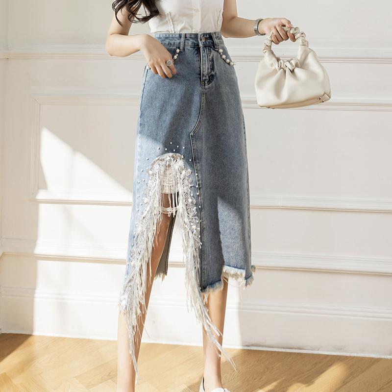 Vintage S-5XL Split Pearl Bead - Denim Skirt Midi Vintage 评论和价格