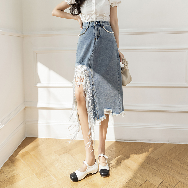 Vintage S-5XL Split Pearl Bead - Denim Skirt Midi Vintage 评论和价格