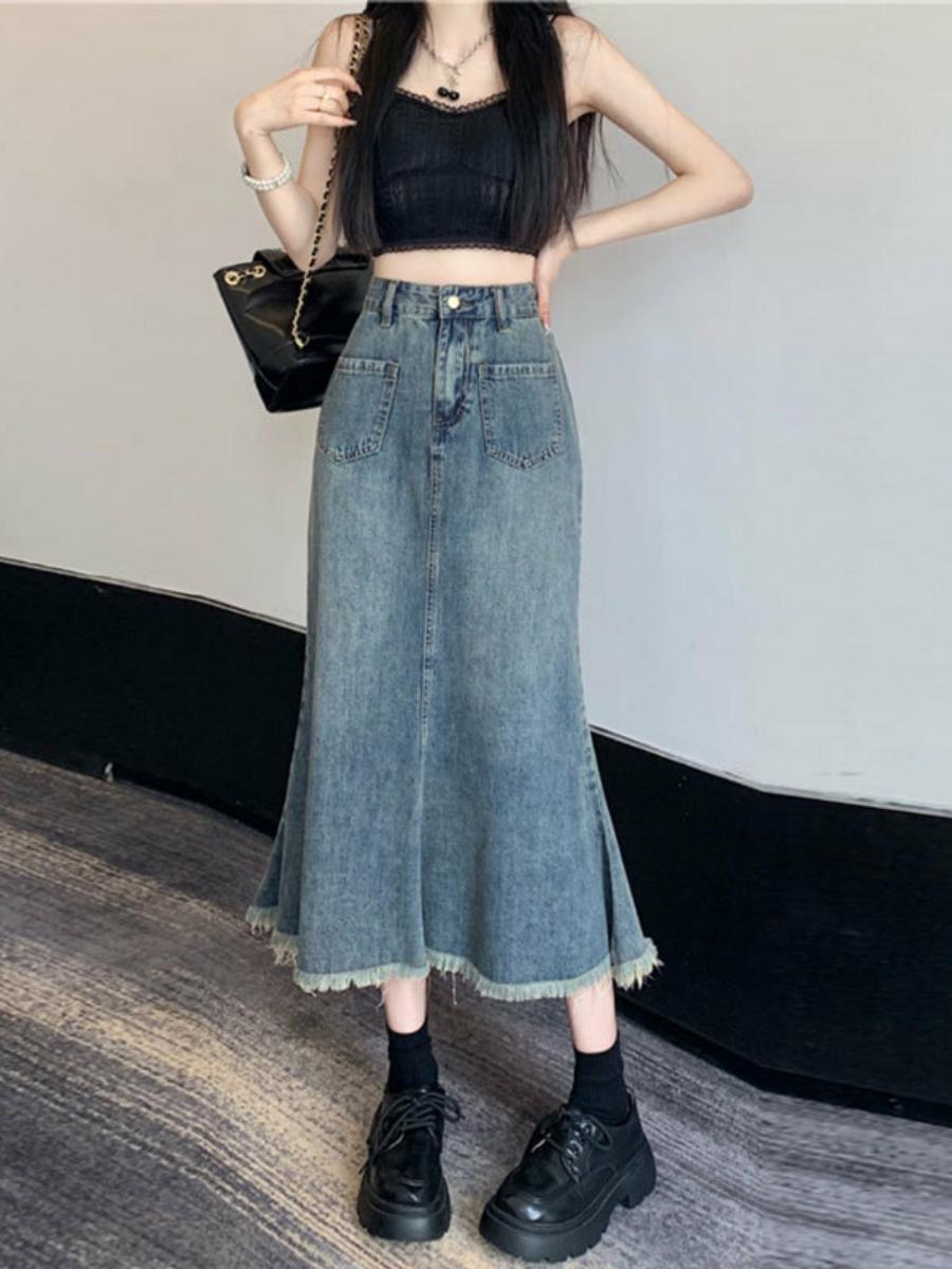 High Waist A-Line Midi Skirt W - Denim Skirt Midi Vintage 评论和价格