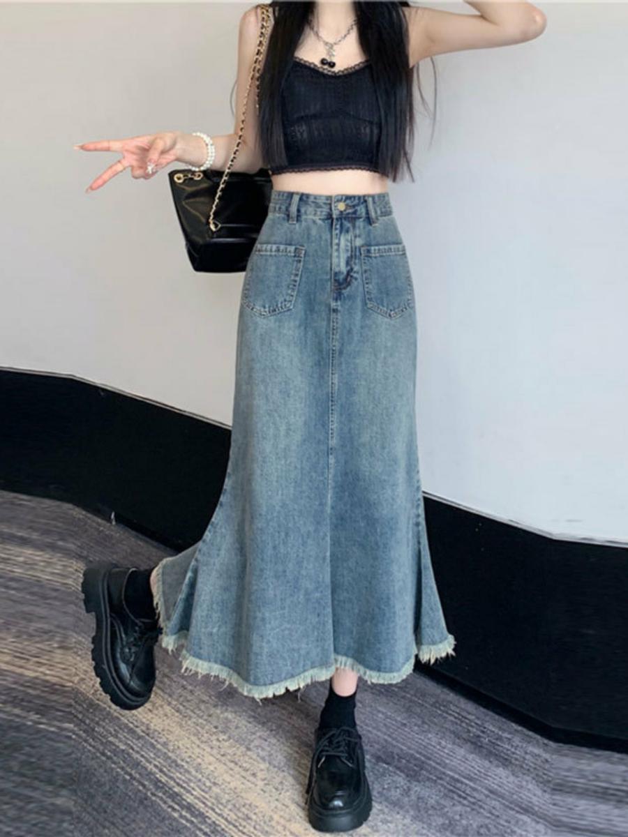 High Waist A-Line Midi Skirt W - Denim Skirt Midi Vintage 评论和价格