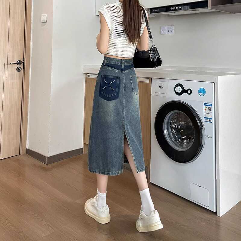 Spring Summer New Retro Color  - Denim Skirt Midi Vintage 评论和价格