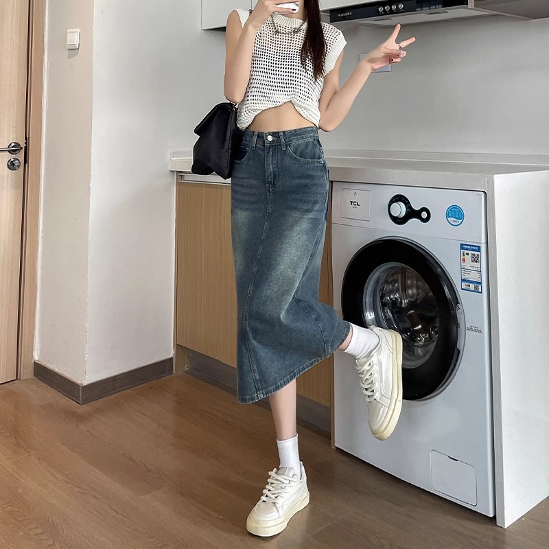Spring Summer New Retro Color  - Denim Skirt Midi Vintage 评论和价格