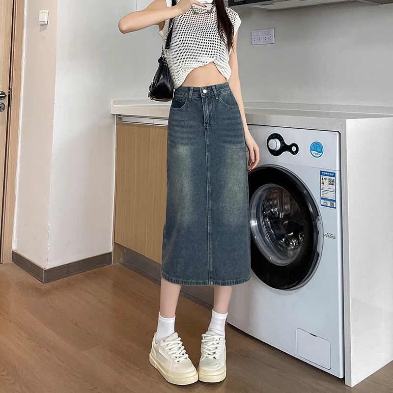 Spring Summer New Retro Color  - Denim Skirt Midi Vintage 评论和价格