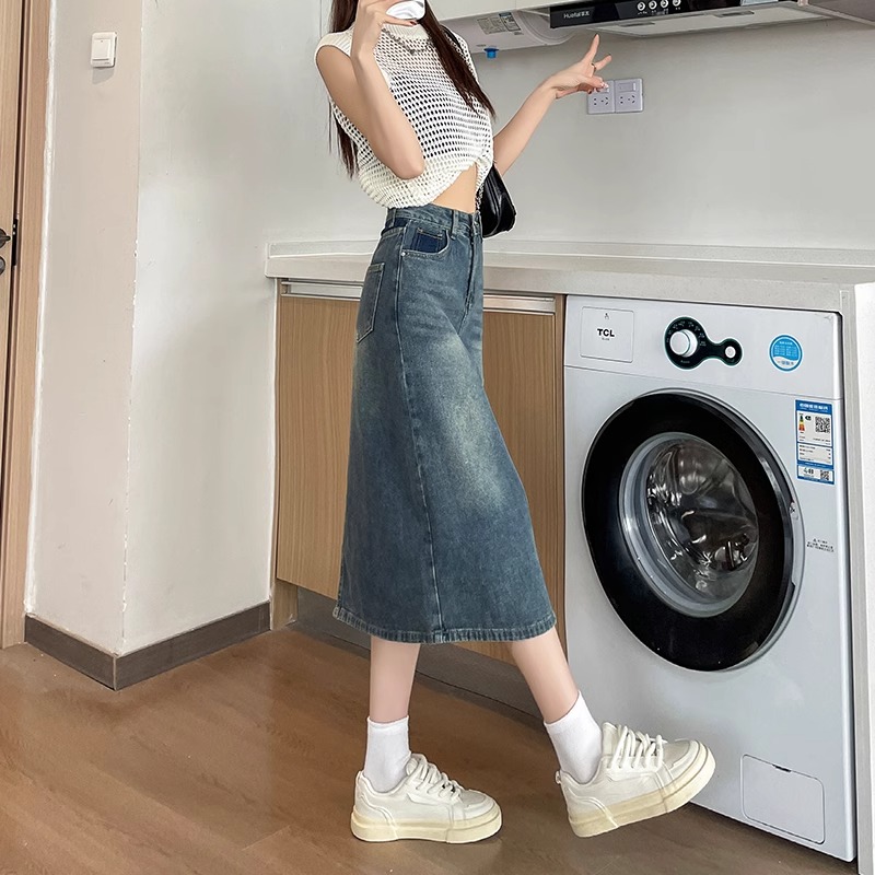Spring Summer New Retro Color  - Denim Skirt Midi Vintage 评论和价格