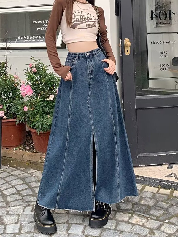 High Waist Slit Denim  Skirt W - Denim Skirt Midi Vintage 评论和价格