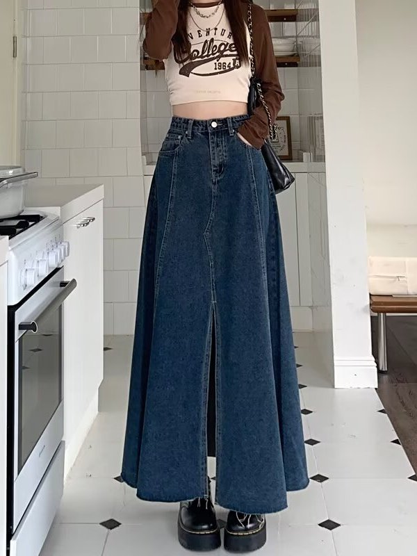High Waist Slit Denim  Skirt W - Denim Skirt Midi Vintage 评论和价格
