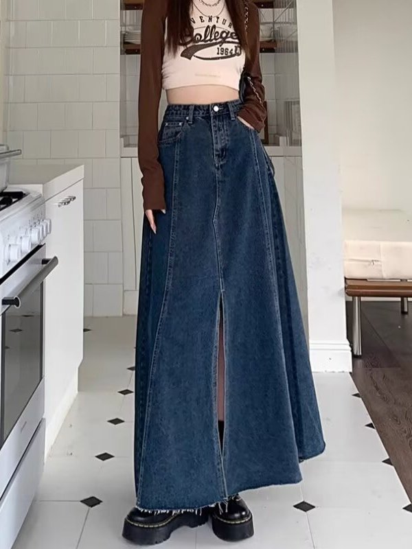 High Waist Slit Denim  Skirt W - Denim Skirt Midi Vintage 评论和价格