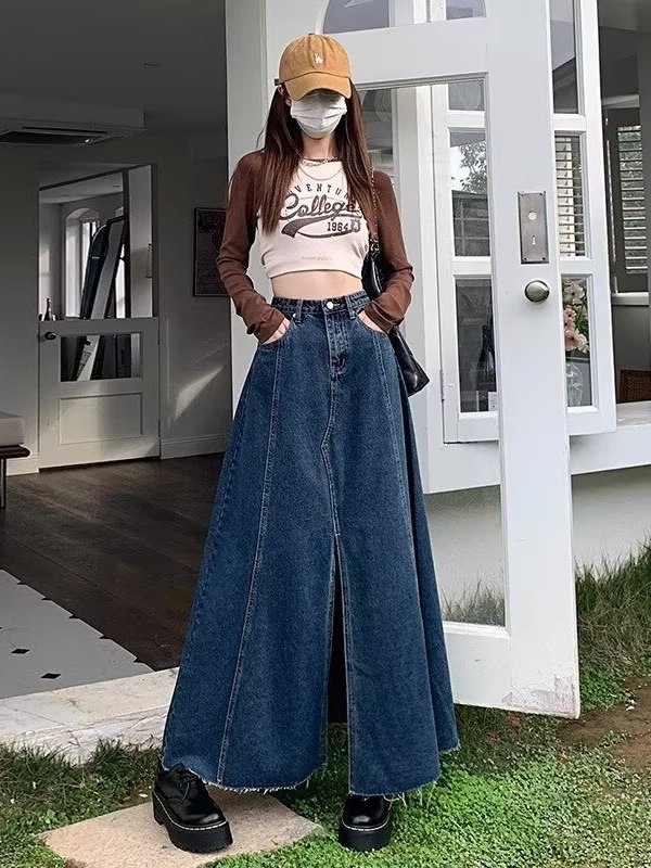 High Waist Slit Denim  Skirt W - Denim Skirt Midi Vintage 评论和价格